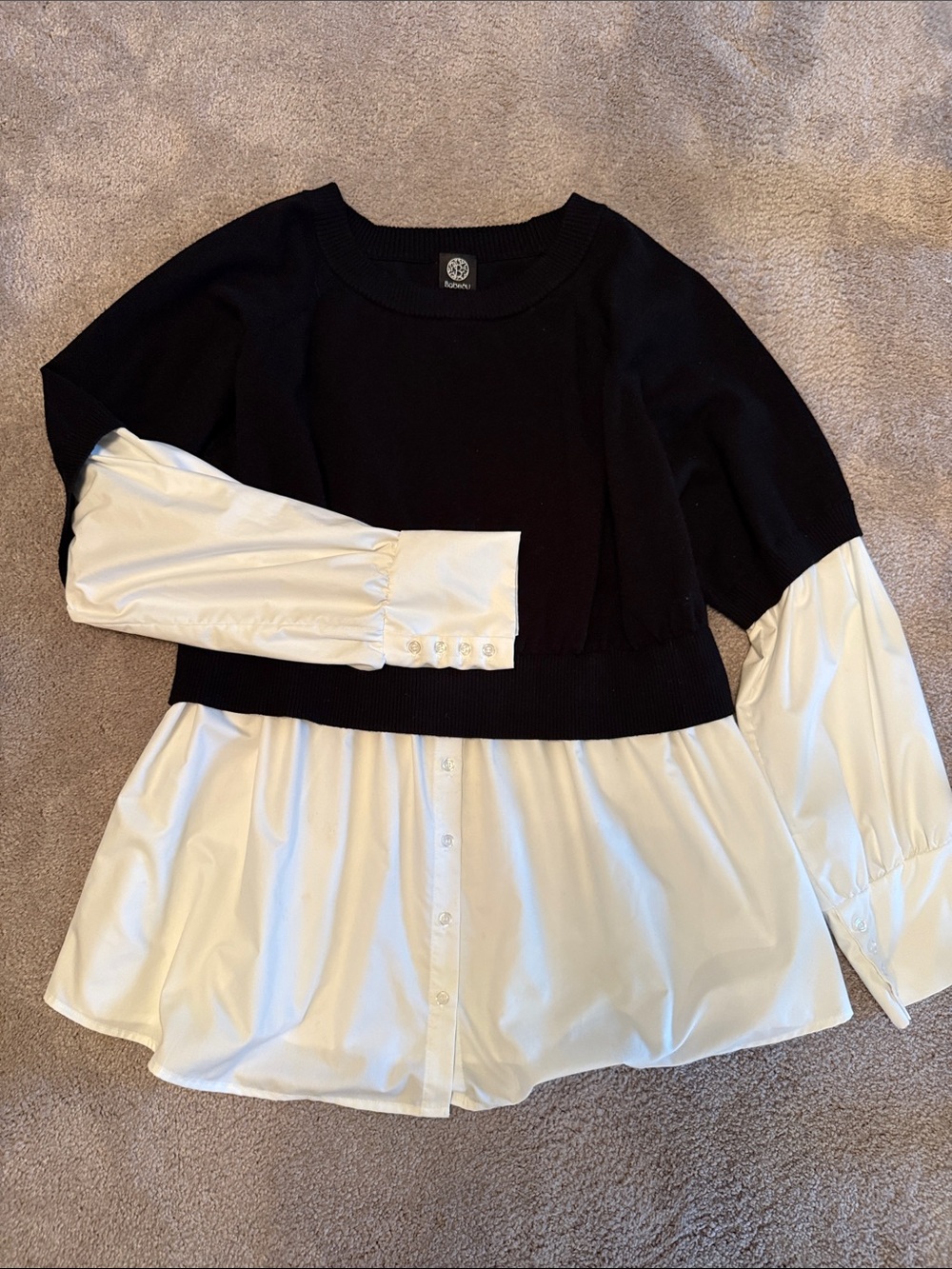 bobeau Black & White Layered Shirt-Style Pullover
